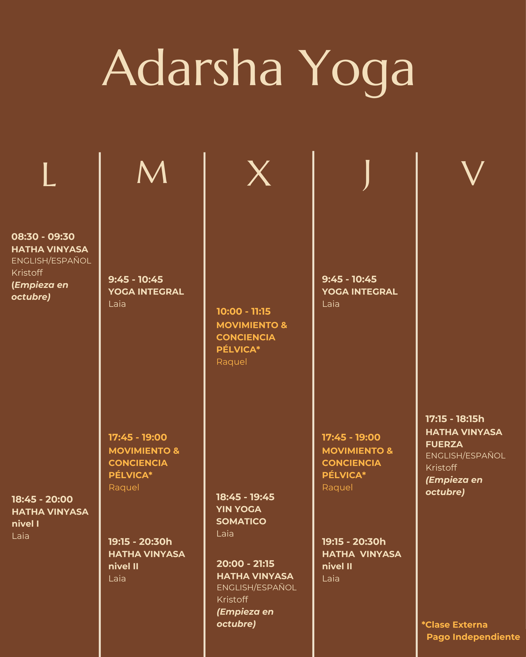 Horario semanal de Adarsha Yoga